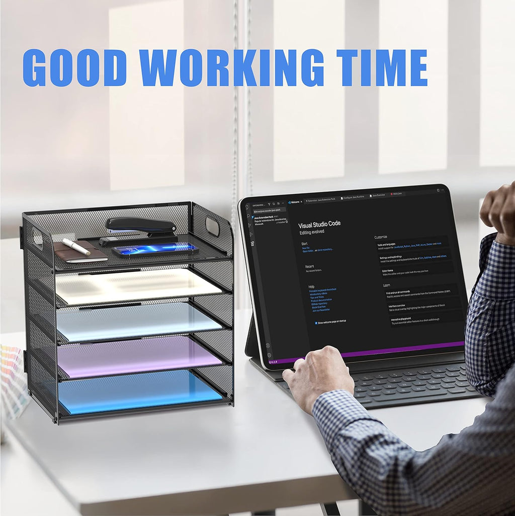 5 Trays Paper Organizer Letter Tray with Handle-Mesh Desk File Holders, Paper Sorter Desk Organizer for Office, Home