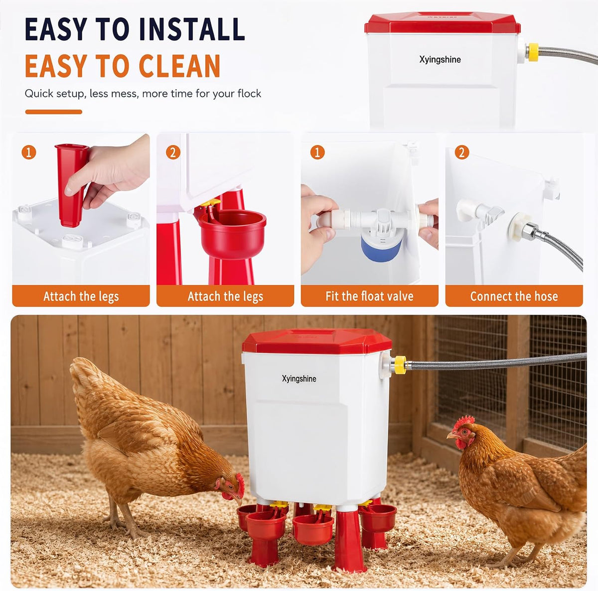 Automatic Chicken Waterer, 2 Gallon with Float Valve, 4 Cups