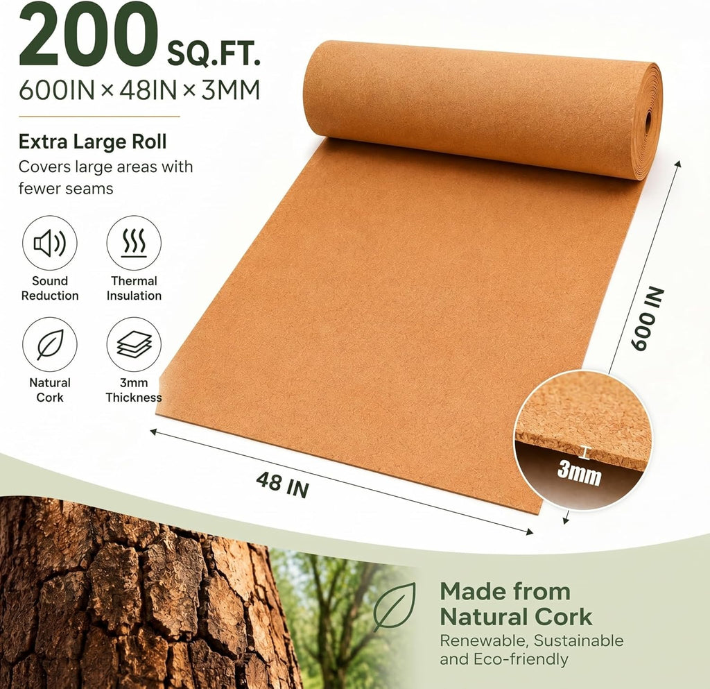 200 Sq. Ft. Cork Roll 48 x 600 Inch Cork Underlayment Roll Sound Insulation Mildew and Moisture Proof for Office Home