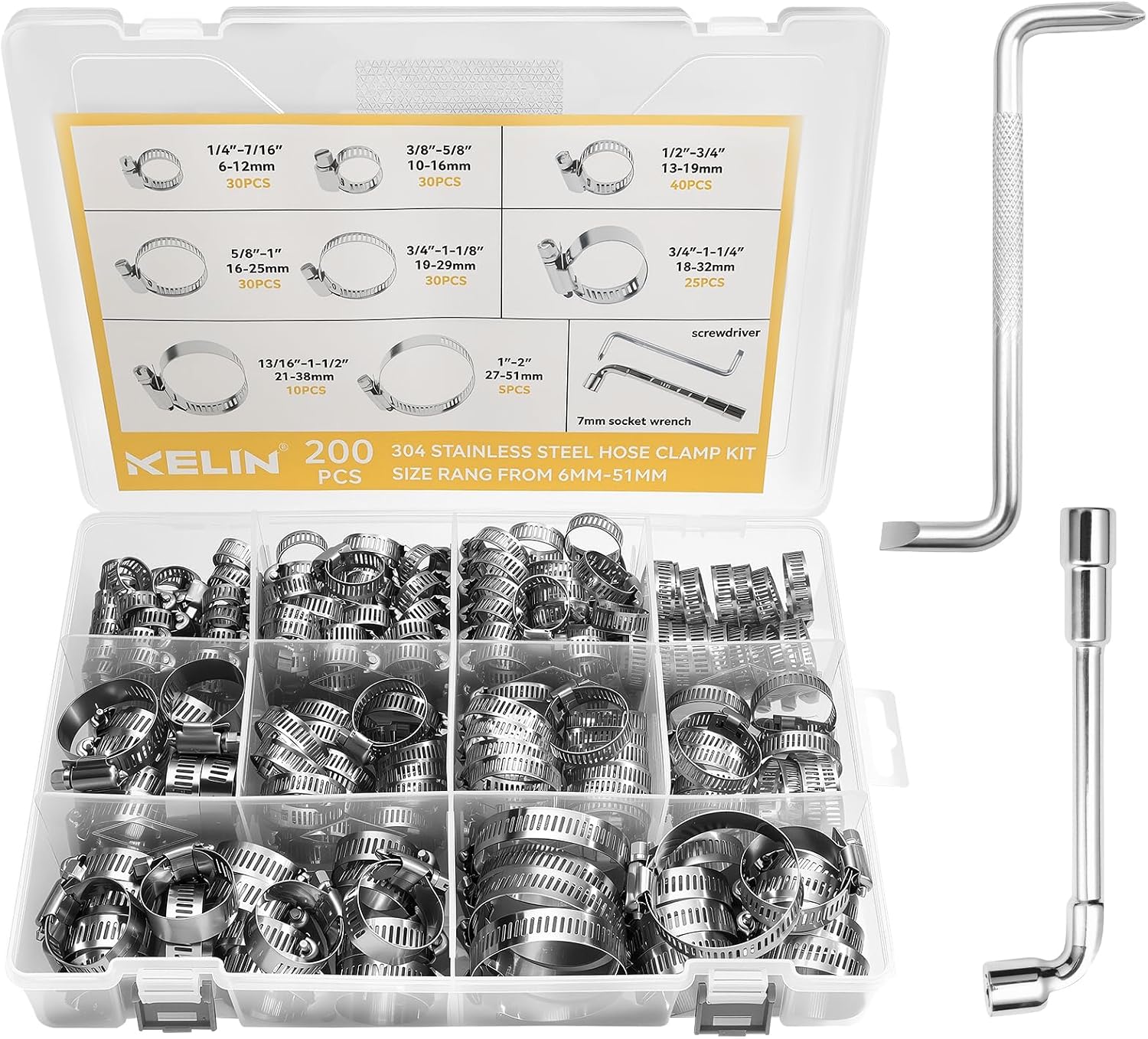 202PCS Hose Clamp Kit 304 Stainless Steel 8 Sizes 1/4"-2" Worm Gear | 6-51mm range | Worm gear clamps | Wrench &