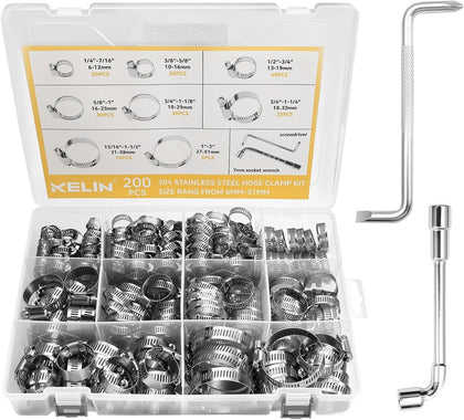 202PCS Hose Clamp Kit 304 Stainless Steel 8 Sizes 1/4"-2" Worm Gear | 6-51mm range | Worm gear clamps | Wrench &