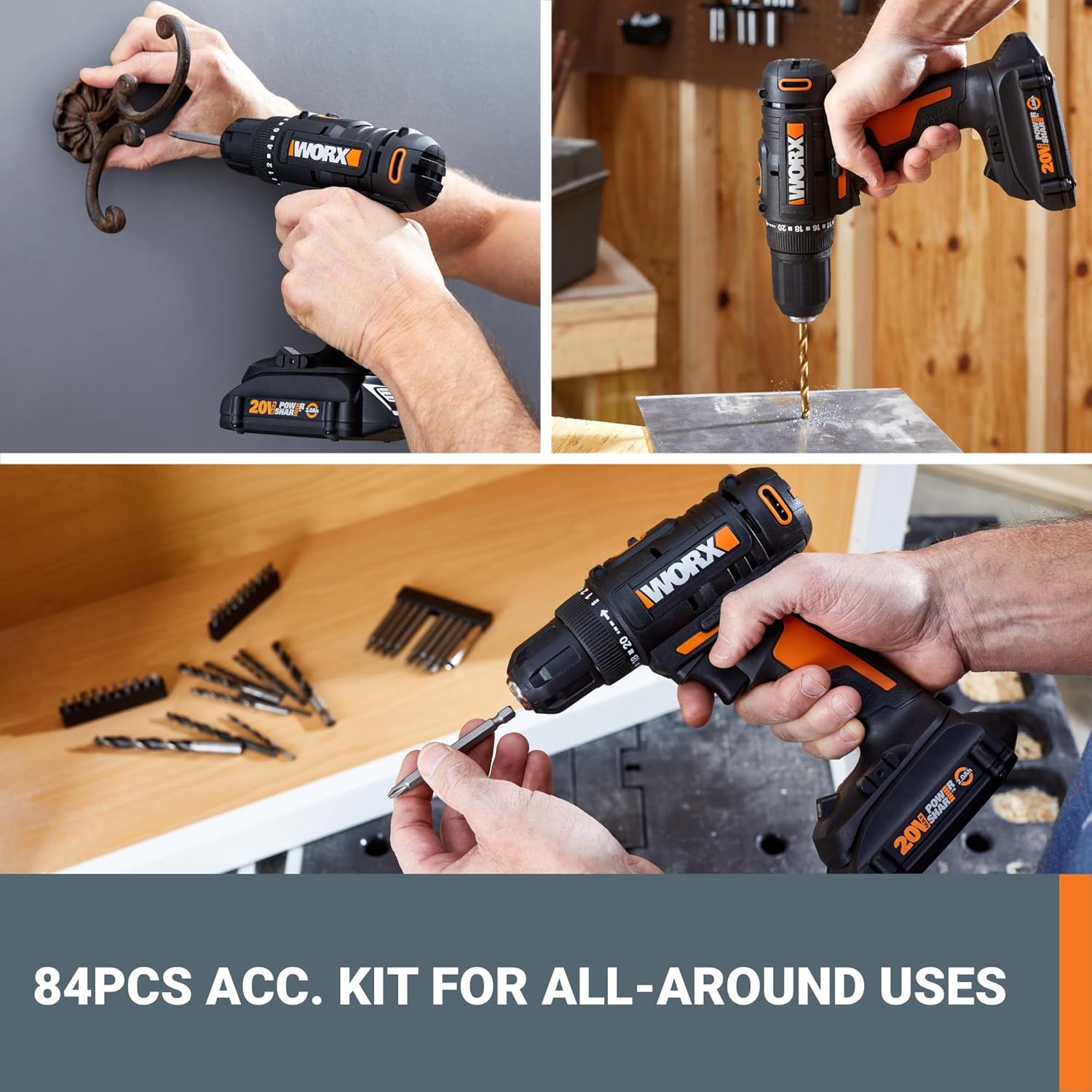 20V Cordless Drill Driver, 84pc Accessory Kit, Variable 2-Speed, 265 In-Lbs Torque, 20+1 Clutch, Lightweight