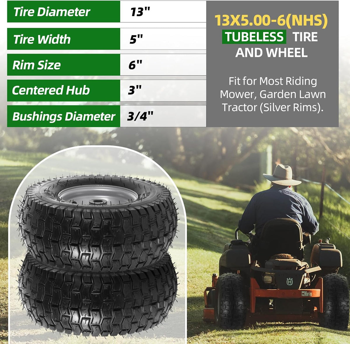 13 x 5.00-6 Lawn Mower Tire and Wheel, 2 Pack | Fits Riding Mowers & Lawn Tractors, 3" Centered Hub, 3/4" Bushings