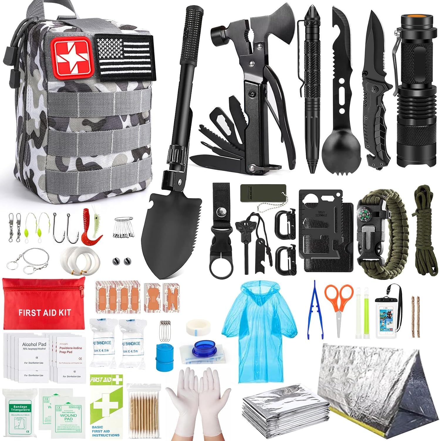Survival Kit, 251 Pcs Survival Gear Emergency Supplies First Aid Kit | Emergency Survival Kit Camping Essentials