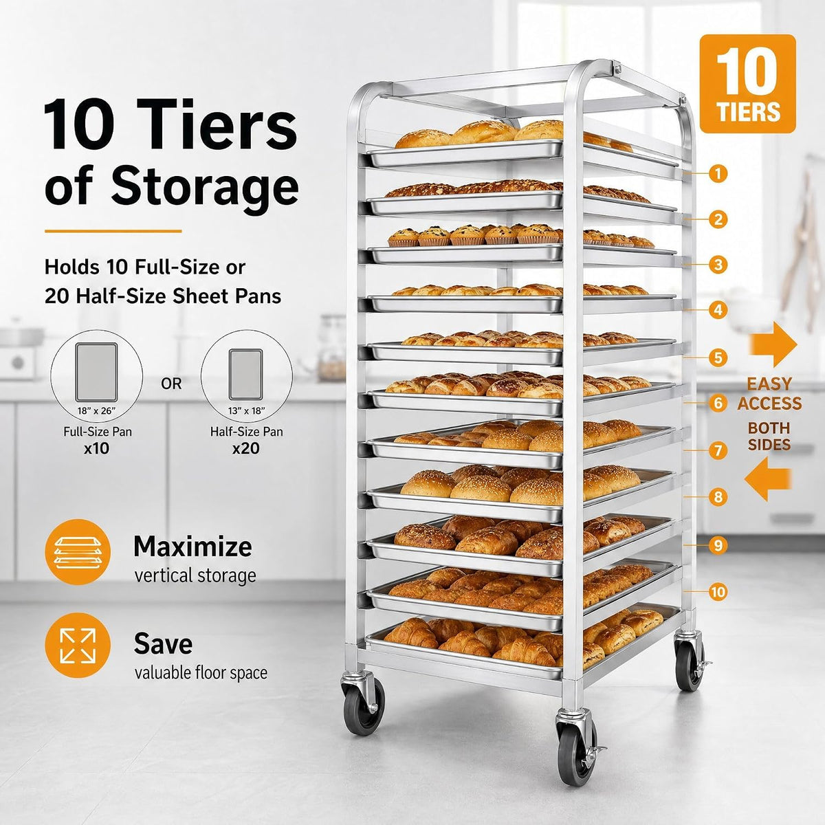 38" 10-Tier Bread Rack Cart Fits Full & Half Sheet Pans