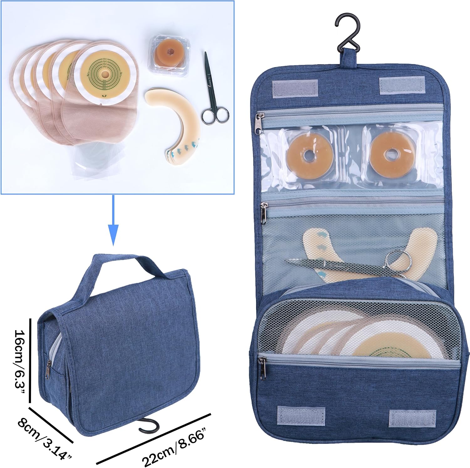 Ostomy Colostomy Travel Bag,Hanging Organizer Bag Accessory Storage Bags Pouch for Ostomy Supplies (Grey) (Navy Blue)