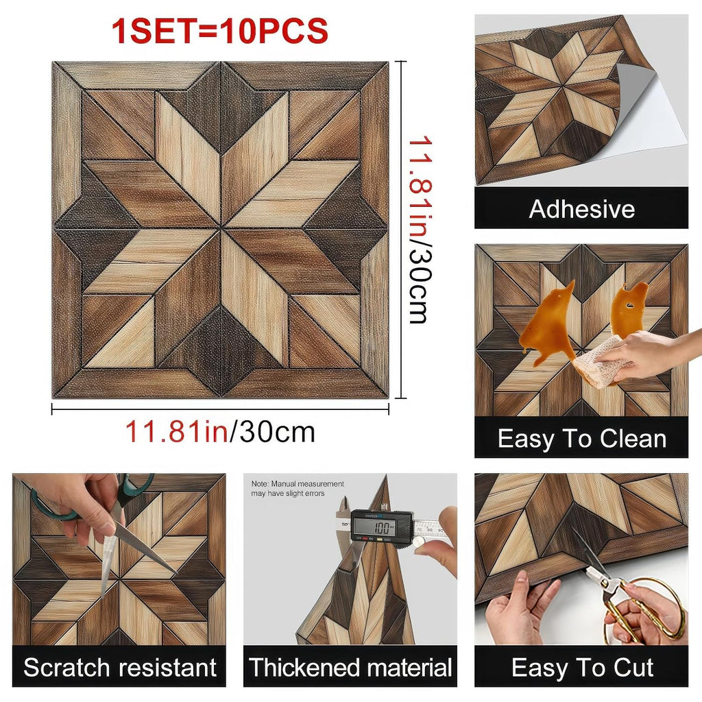Wood Geometric Pattern Peel and Stick Tile Art Deco, 12"x12"