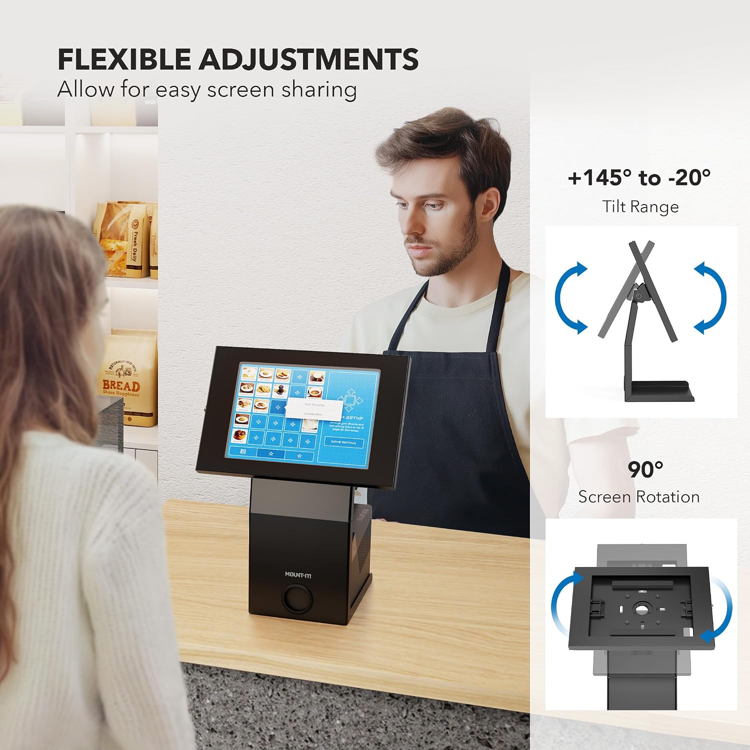 iPad Kiosk Stand with Printer Shelf, Locking Anti-Theft, Black | Tablet POS Stand for Countertop Checkout, 90°