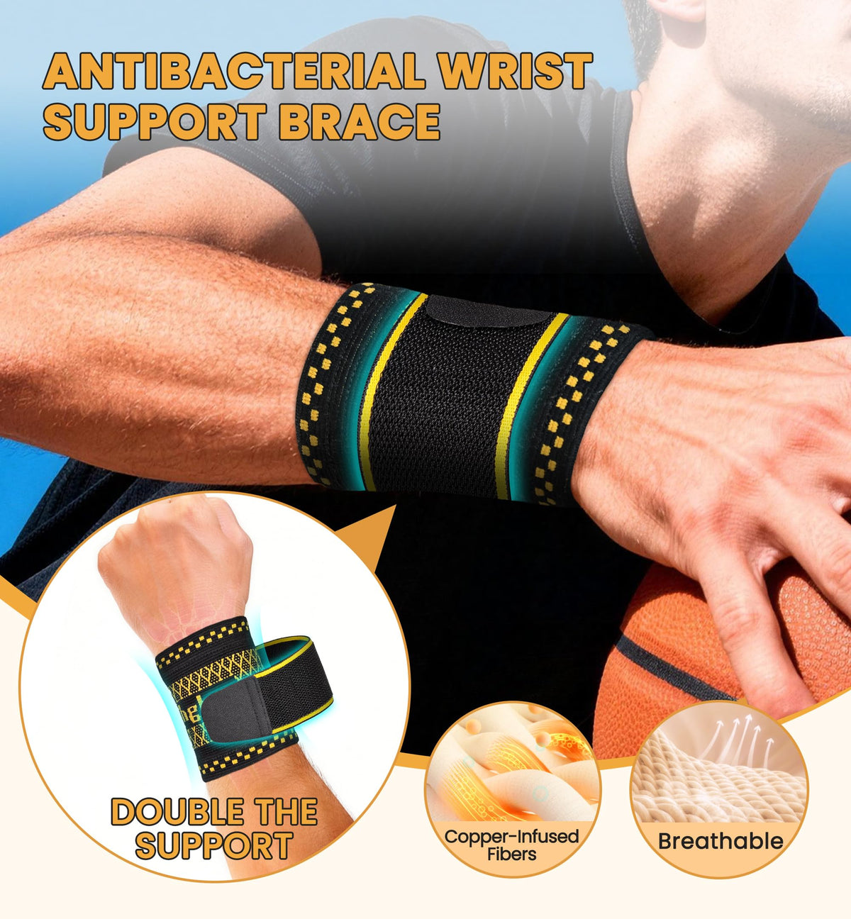 Copper Infused Compression Wrist Support Brace with Adjustable Wrap, Medium