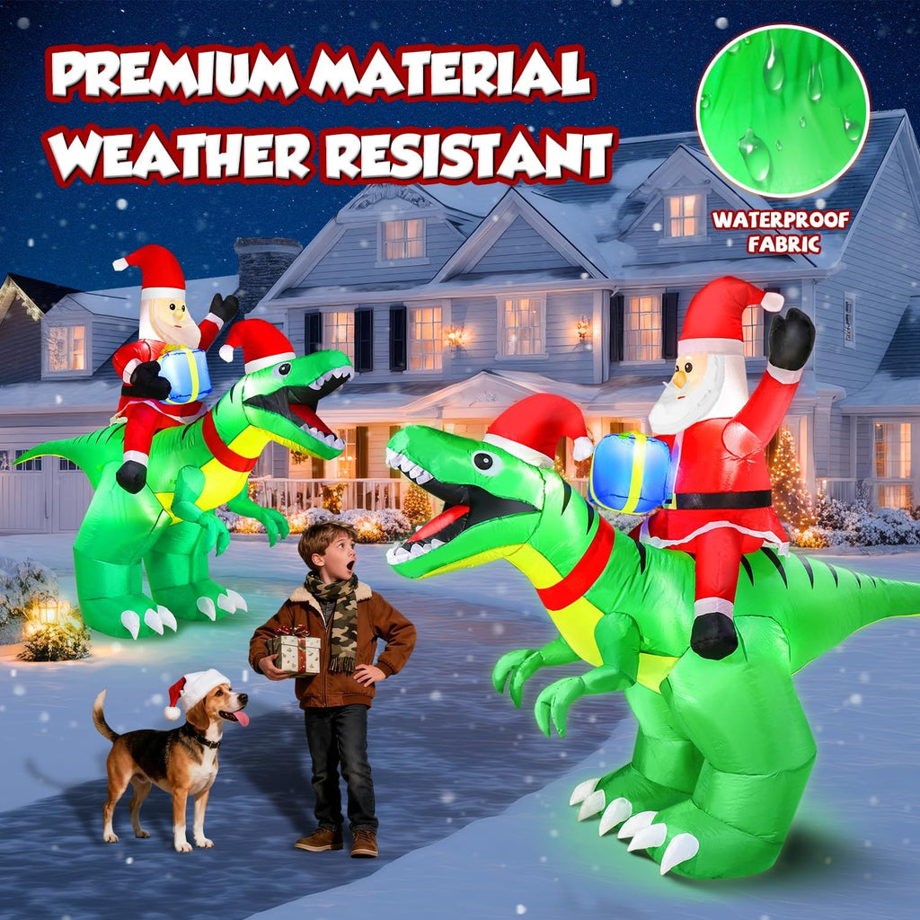 9x7FT Christmas Inflatables Santa Ride on Dinosaur with LED Outdoor Christmas Dinosaur Inflatable Blow Up Yard