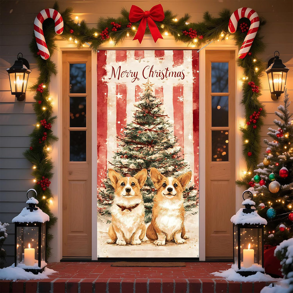 Christmas Front Door Decoration Set, Indoor Outdoor Holiday Porch Display with LED Garland, Wreath, Santa Figure