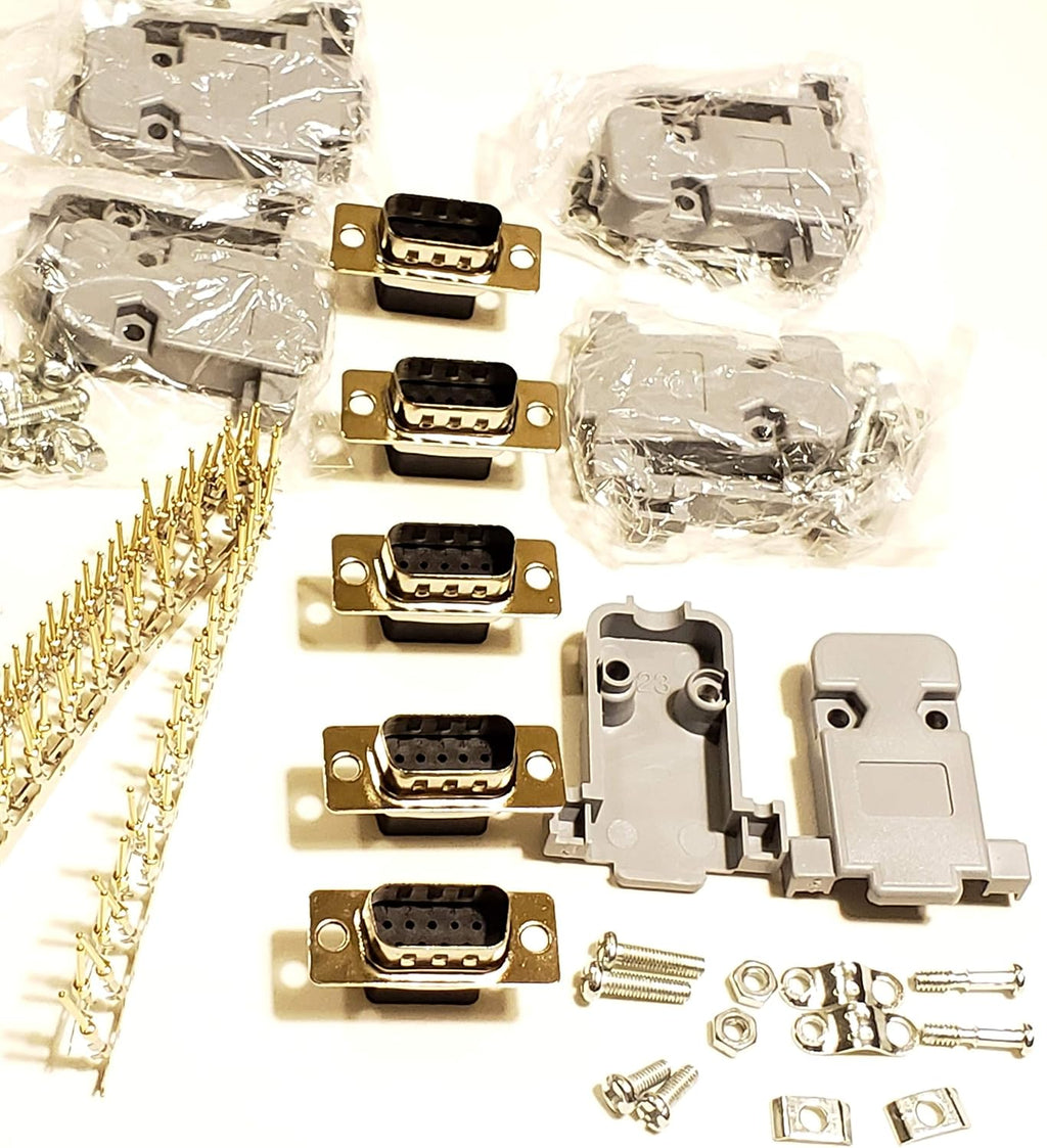 5 Sets Crimp Type DB9 Male + Plastic Hoods + Pins D-Sub 9P Male Crimp Connector, Pin Hood Kit 5 DB9 Males + 5 Hoods + 50 Pins
