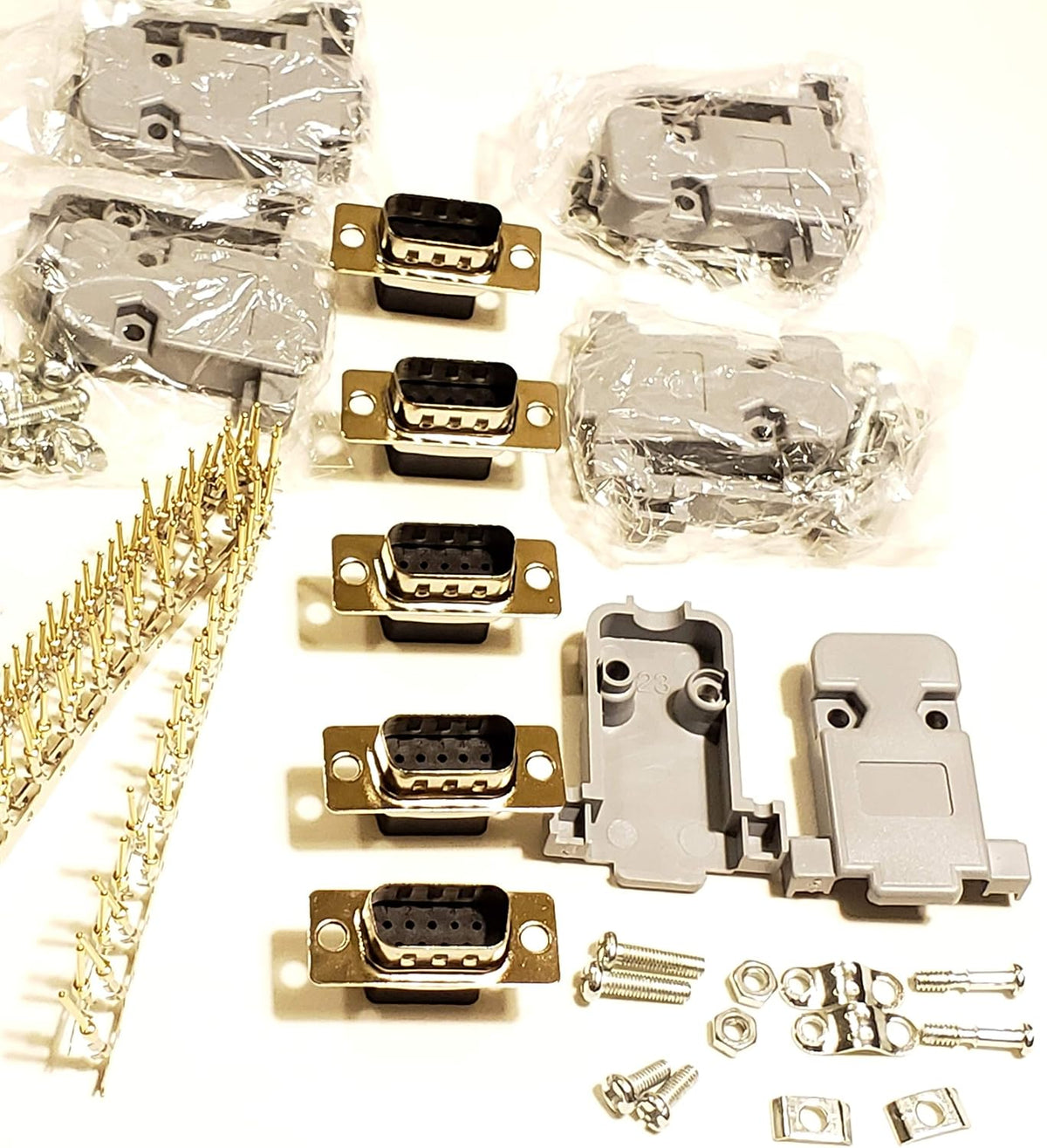 5 Sets Crimp Type DB9 Male + Plastic Hoods + Pins D-Sub 9P Male Crimp Connector, Pin Hood Kit 5 DB9 Males + 5 Hoods + 50 Pins