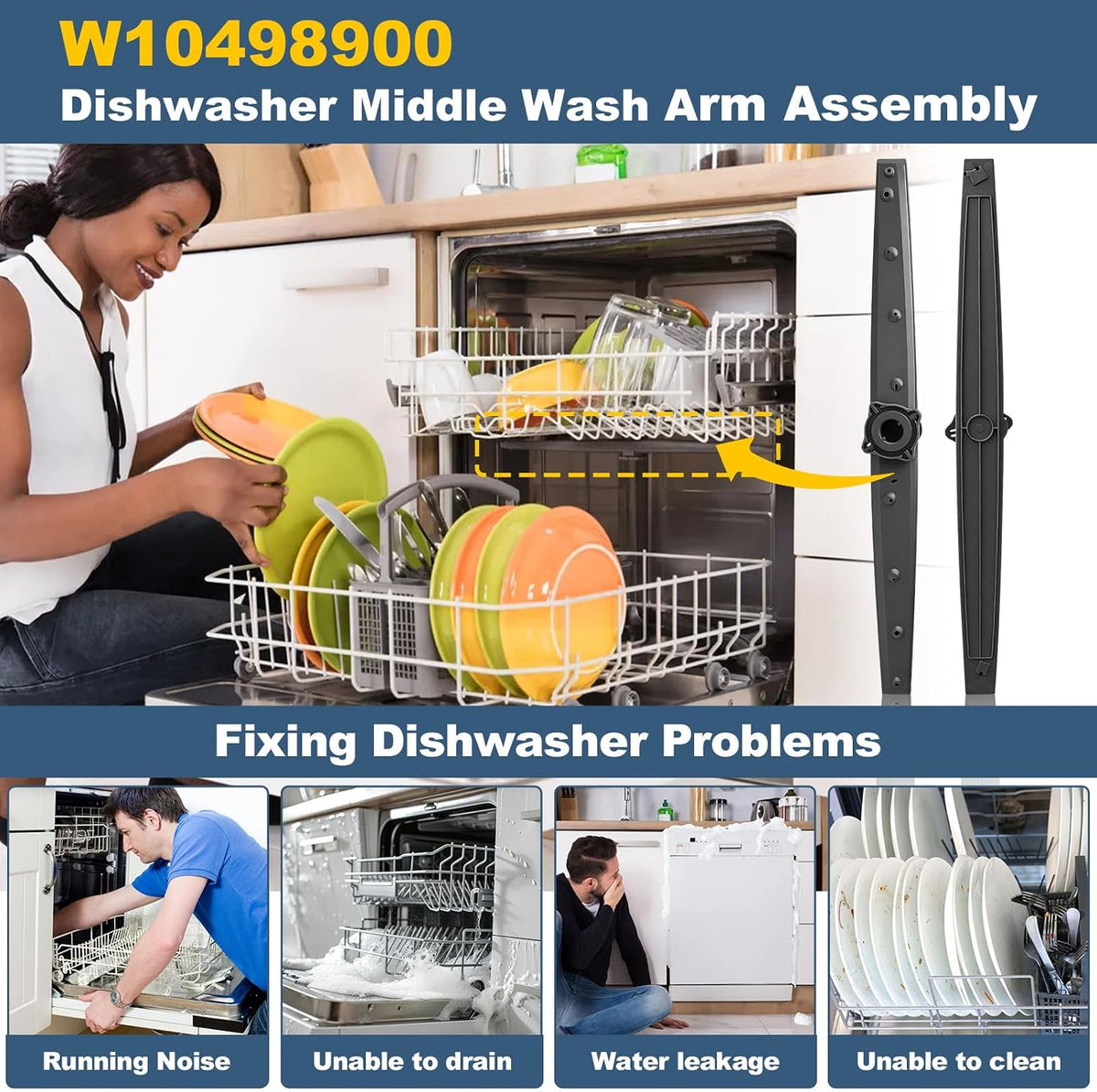 W10498900 Dishwasher Spray Arm Compatible with Whirlpool Amana Maytag Dishwasher Center Wash Arm Assembly, Replaces ADB1400AGB3 ADB1400AGS3 ADB1400AGW3 AP6022331