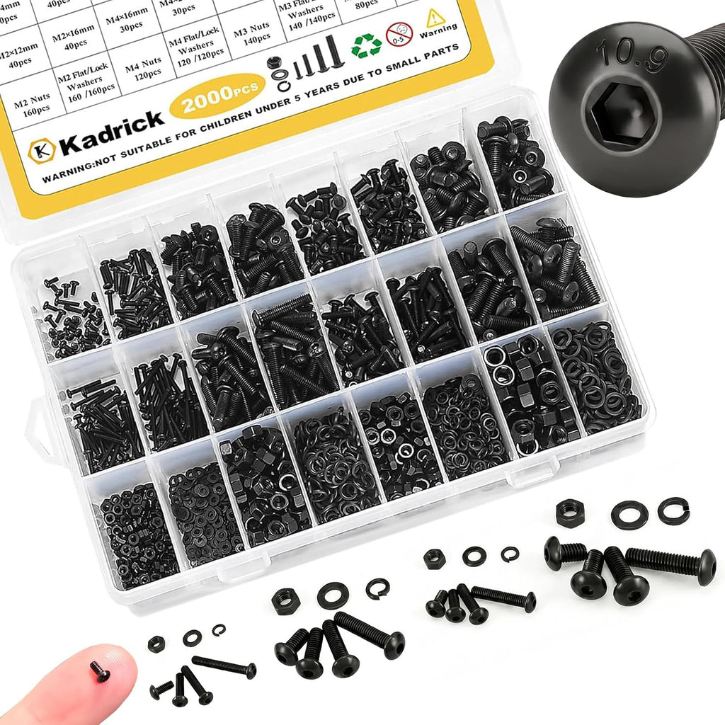Metric Screw Assortment, 2000PCS Metric Bolt Assortment Kit M2 M3 M4 M5 Machine Screws with Lock & Flat Washers