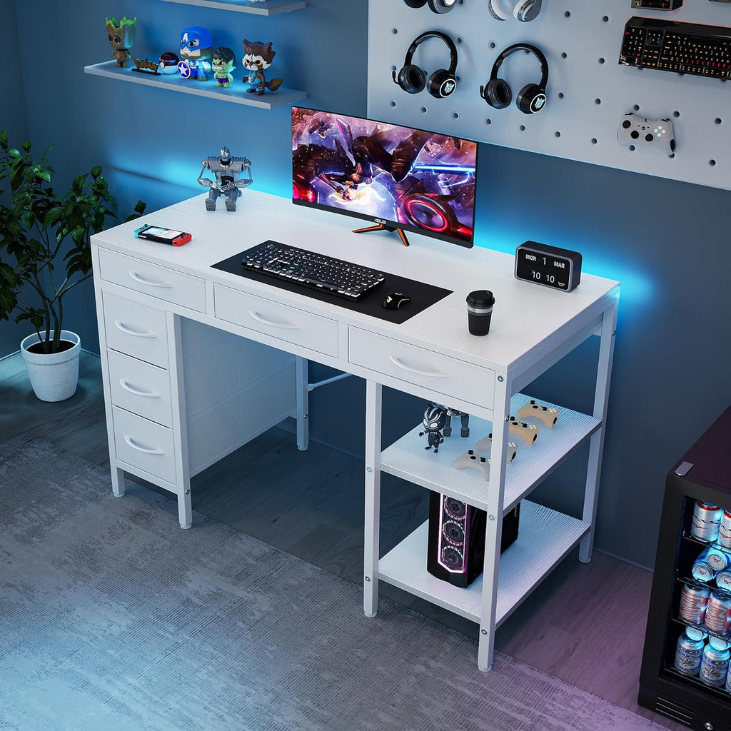 47" Computer Desk with 6 Drawers, Home Office Gaming Desks with Storage Shelves for Bedroom, Writing Study Corner