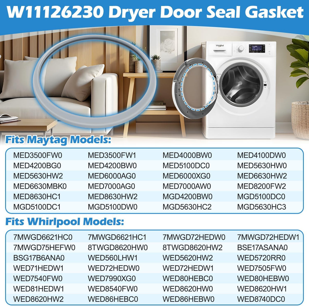 W11126230 Dryer Door Glass Seal Gasket for Whirlpool Door Seal Replacement