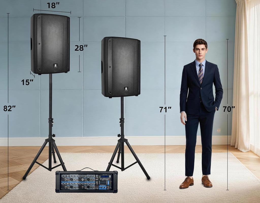 Delta 158 2400W Bluetooth PA Speaker System with 8-Channel Powered Mixer, 2 15-Inch Passive Speakers, Stands, Reverb