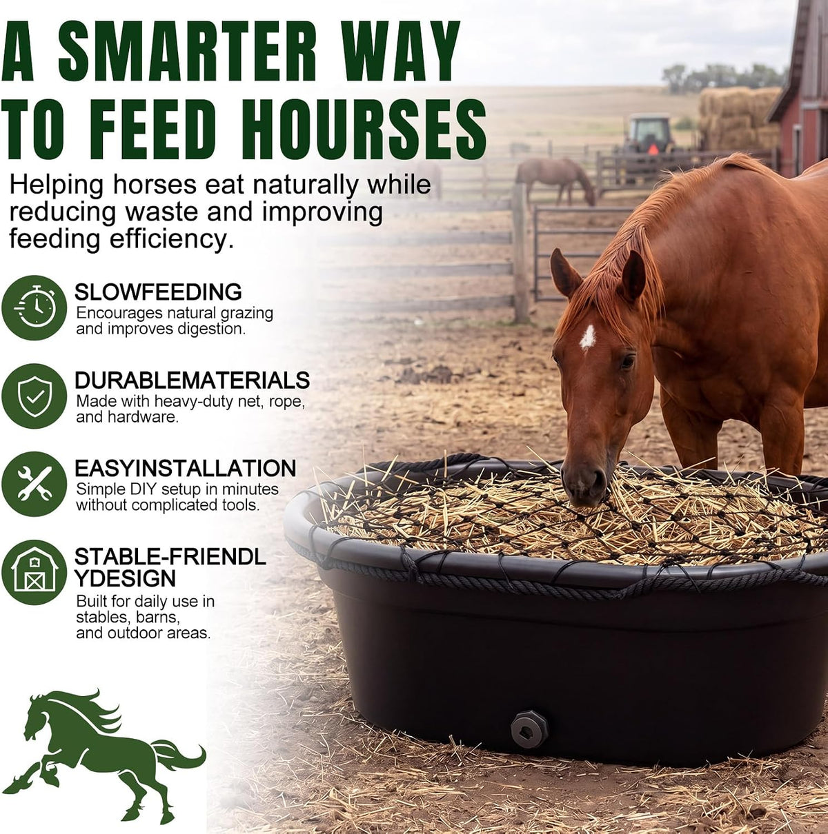 30 Gallon Slow Hay Horse Feeder, Heavy Duty Hay Pan Net Set