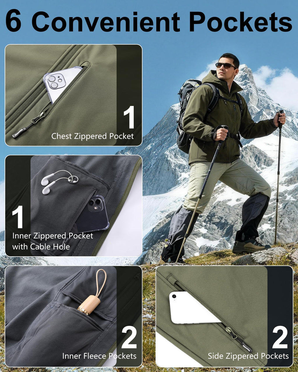 Men's Softshell Jacket Waterproof Fleece Rain Shell Coat