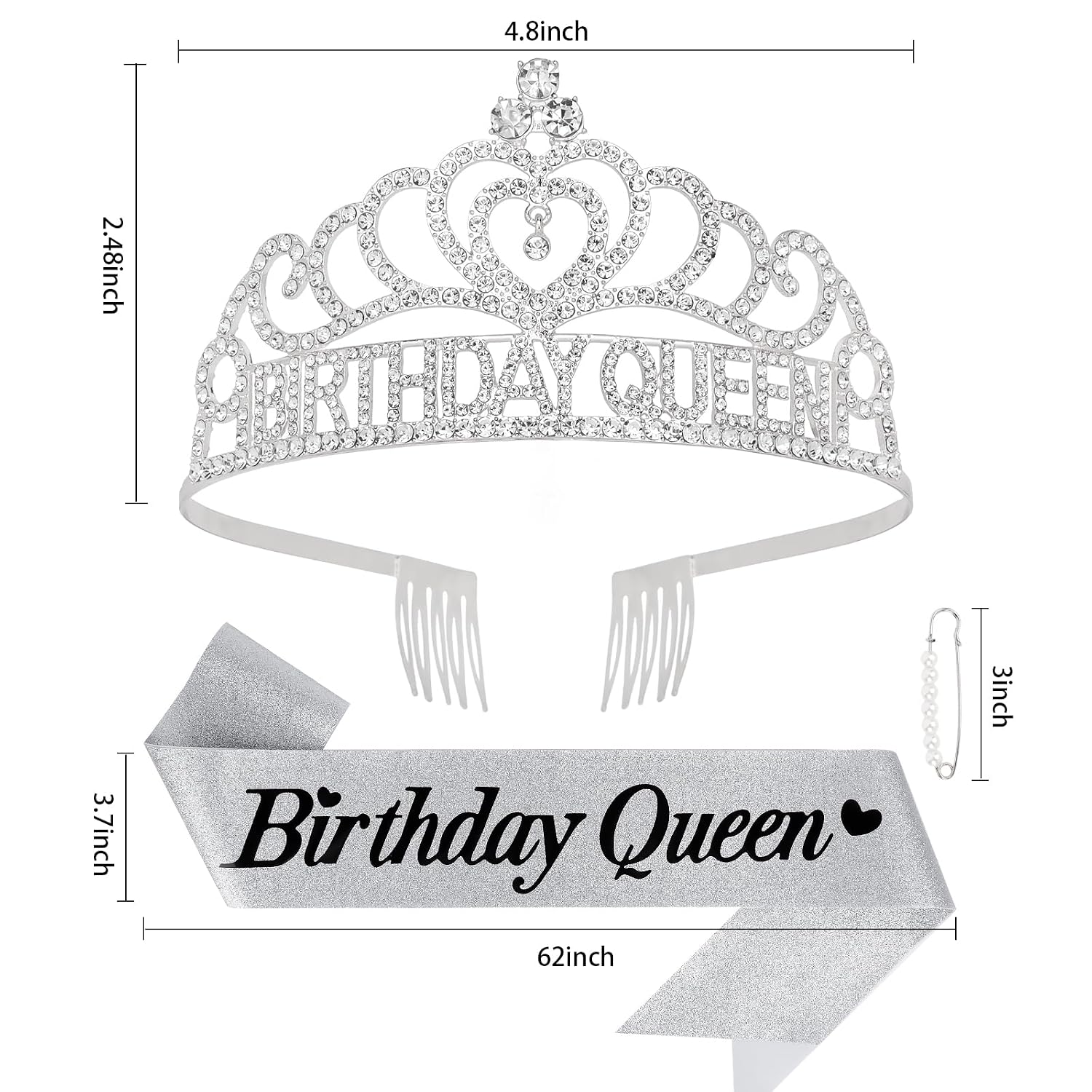 Silver Birthday Queen Sash and Crown for Girls Adult Woman Crystal Birthday Tiaras for Girls Princess Crowns