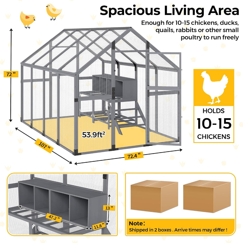 Chicken Coop with Full Waterproof Cover, 9' Extra Large House, Gray