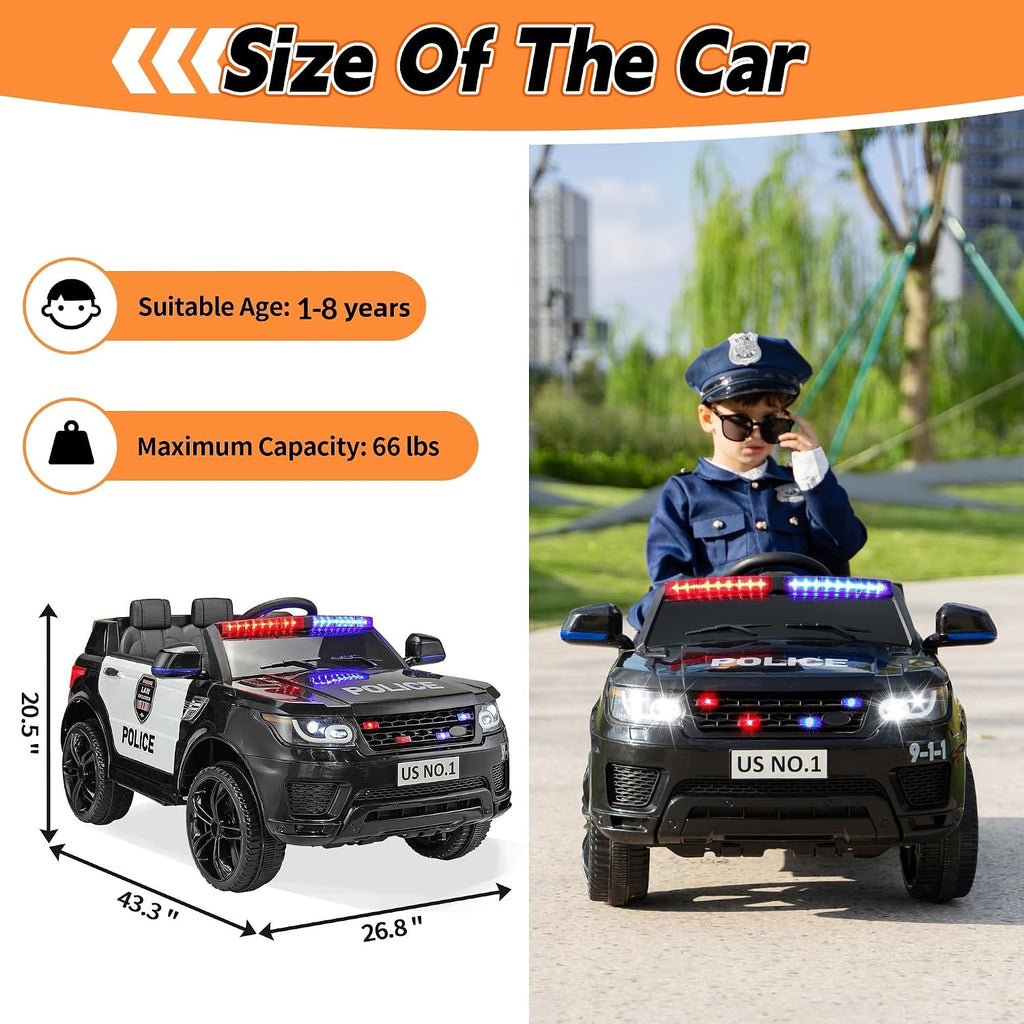 12V Police Ride-On Toy Electric Car for Kids 1-8 to Drive | Battery Powered Cop Truck with Blutooth, Remote Control