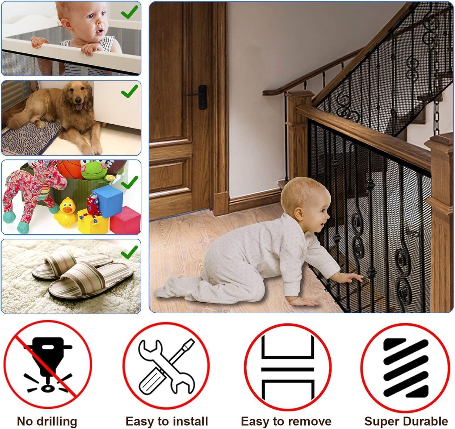 Stairway Net, Baby Gate for Stairs with No Drilling, Baby Safety Banister Guard Rail Net, 18 ft L x 2.66 ft H, Safety