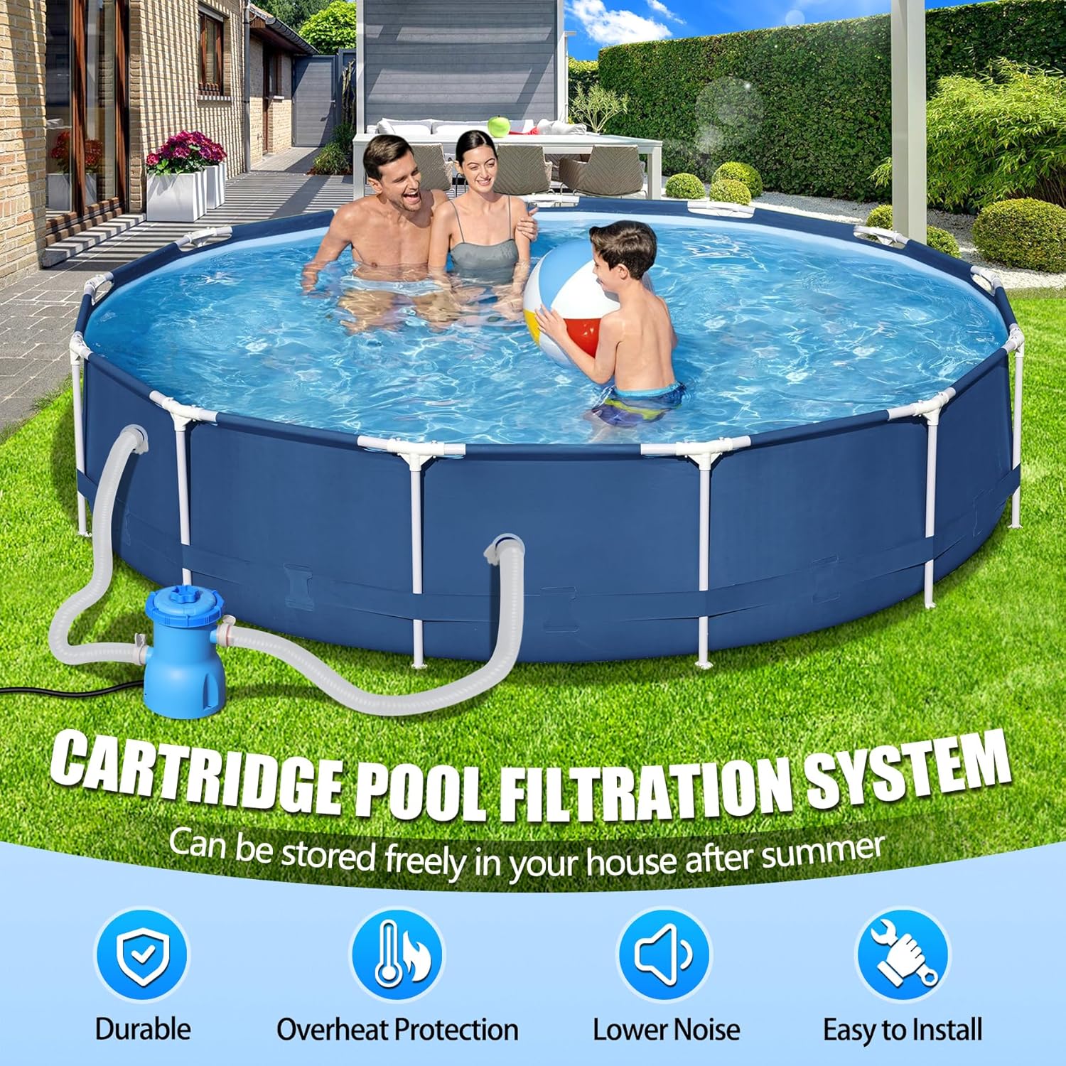 300 GPH Pool Filter Pump for Small Above Ground Pools, ETL Certified Pool Cartridge Filter Pump System with GFCI