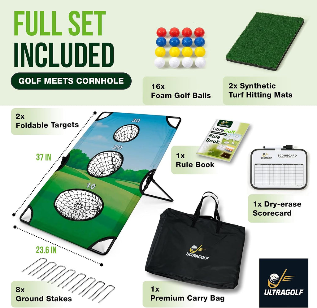 2-in-1 Golf Cornhole Chipping Game Set for Adults – Foldable Yard Game with Targets, Golf Mats, Balls, Stakes –