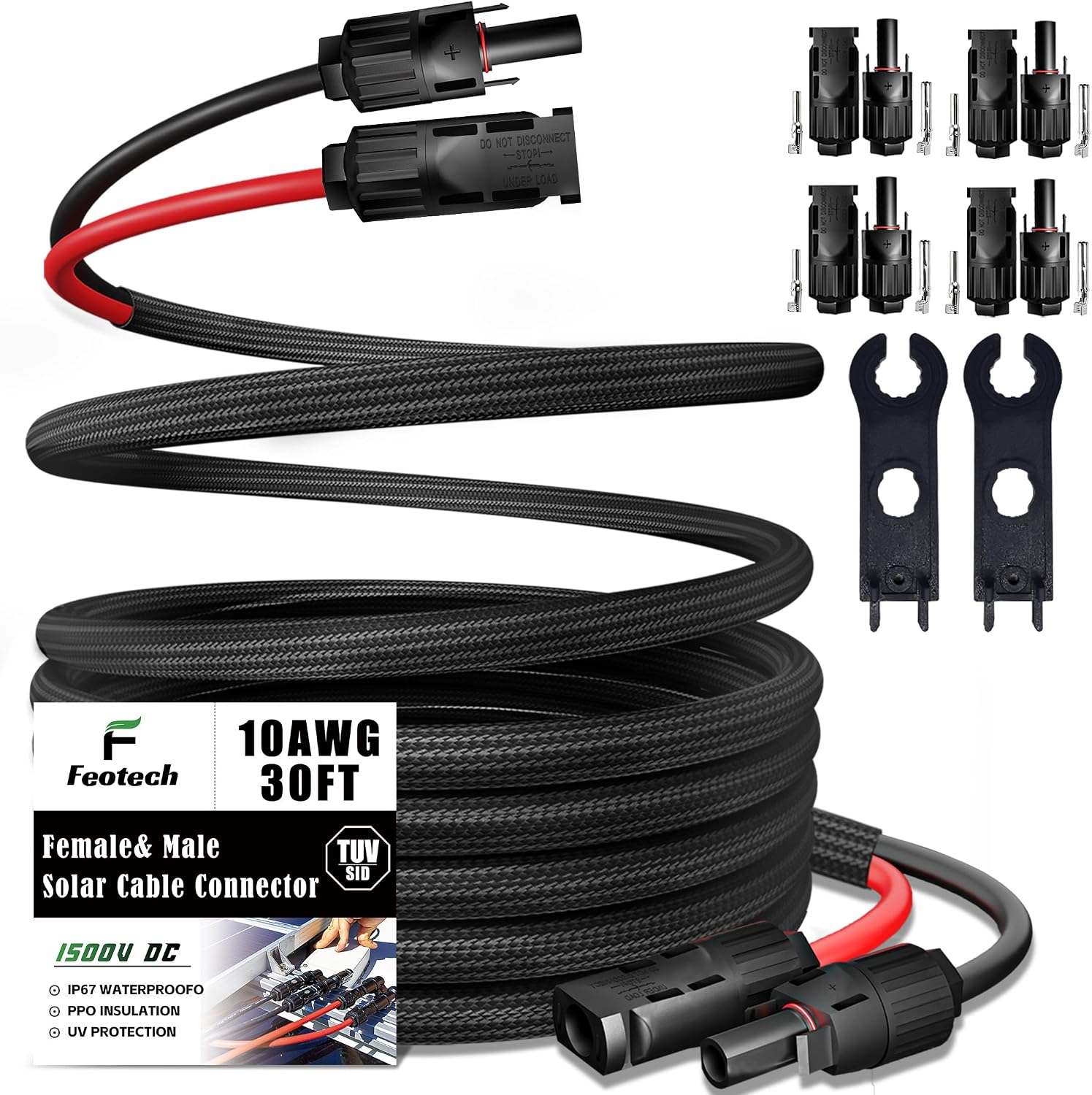 Twin Wire 30 Feet Solar Extension Cable 10AWG with -IP67- Female and Male Connector, Bonus Four Pairs of Free