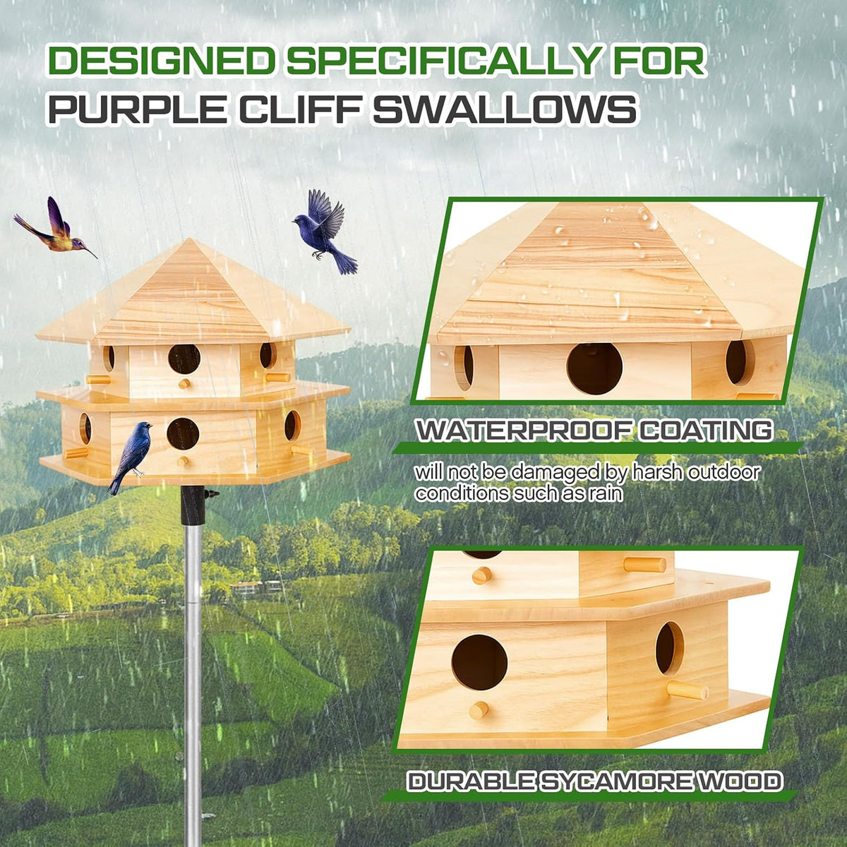 Purple Martin House, 12 Room Martin BirdHouses for Outside, Sycamore Wood Construction & Waterproof(Wood Color,16.54
