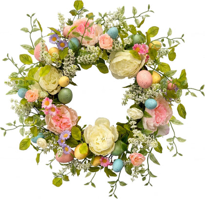 20" Easter Wreath for Front Door Decoration, Artificial Spring Wreath with Flowers and Colorful Easter Eggs, Easter