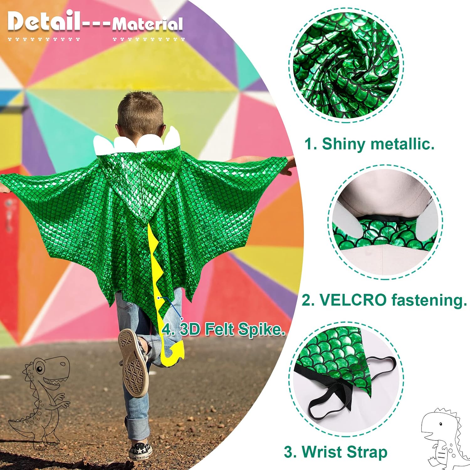 Dragon Wings Costume for Kids, Hooded Dragon Cape Mask Gloves | Toddler Boys Dress-Up Dinosaur Toys for Pretend Play