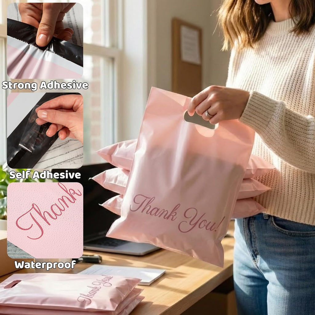Pink Poly Mailers with Handle, 12x15, 50 Pack, Thank You Bags