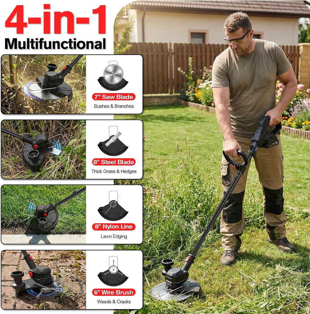 21V Cordless Weed Wacker & Weed Eater, Lawn Edger & Brush Cutter | String Trimmer, Metal Blades, Wire Brush, Guide