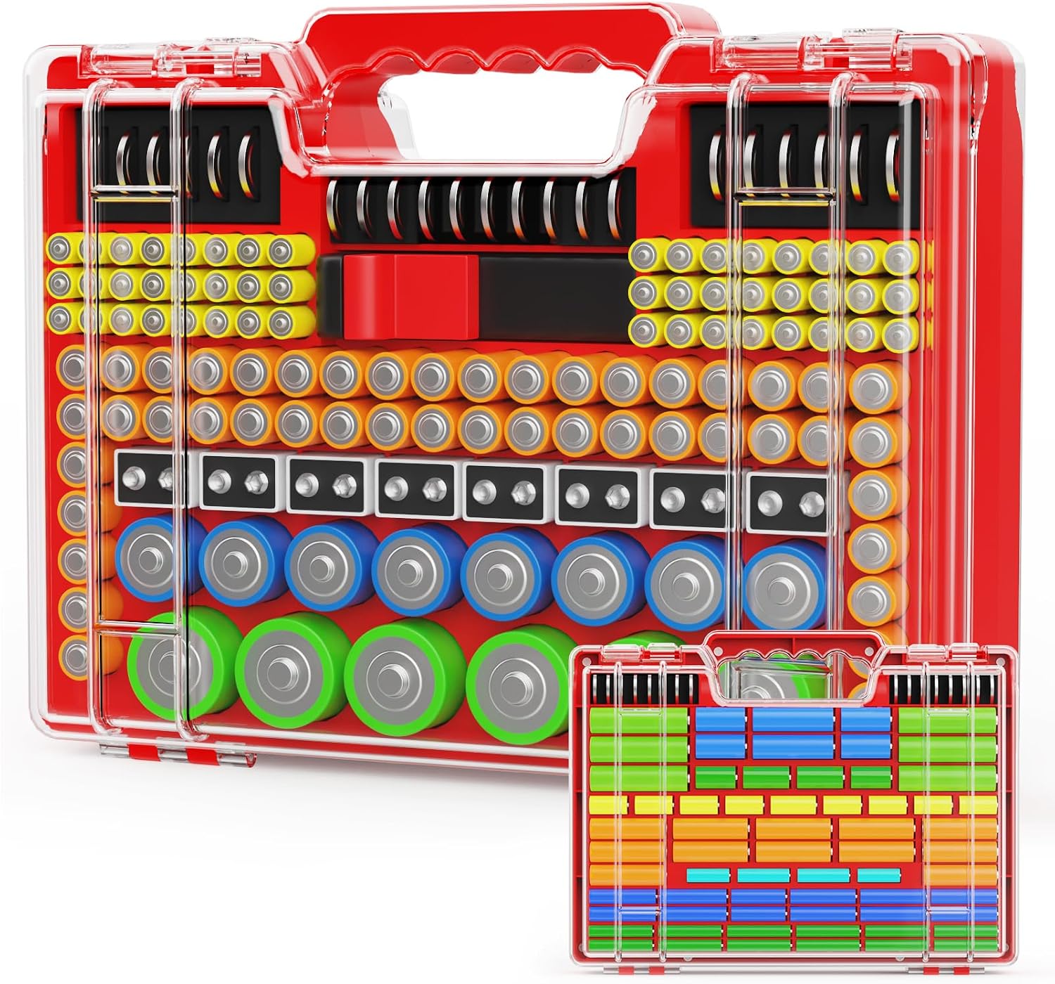 Battery Organizer Box with Tester, Storage Case Holds 260 Batteries, Double Clear Locking Lid for AA AAA C D 9V - Red