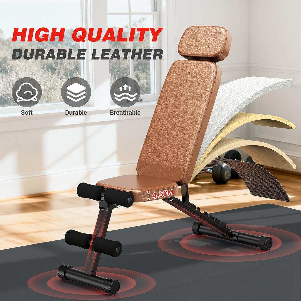Workout Bench, 10 Backrests Adjustable Weight Bench with Extended Headrest, 800LBS Foldable Weight Bench for Home