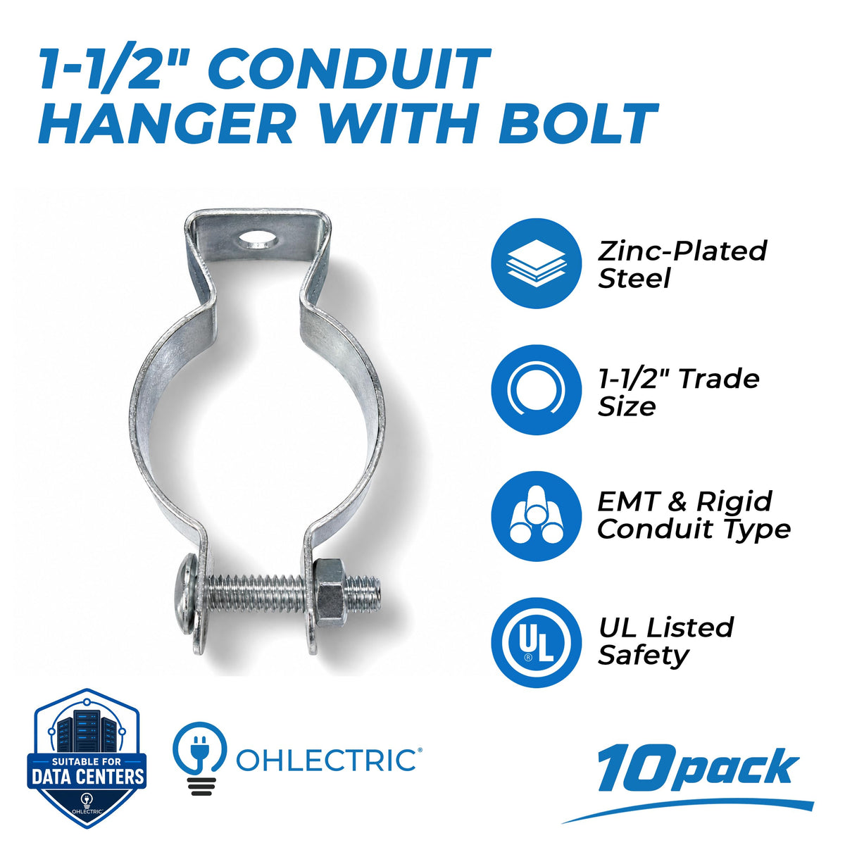 OHLECTRIC 1-1/2 Inch EMT Conduit Hanger with Bolt, Steel, 10 Pack