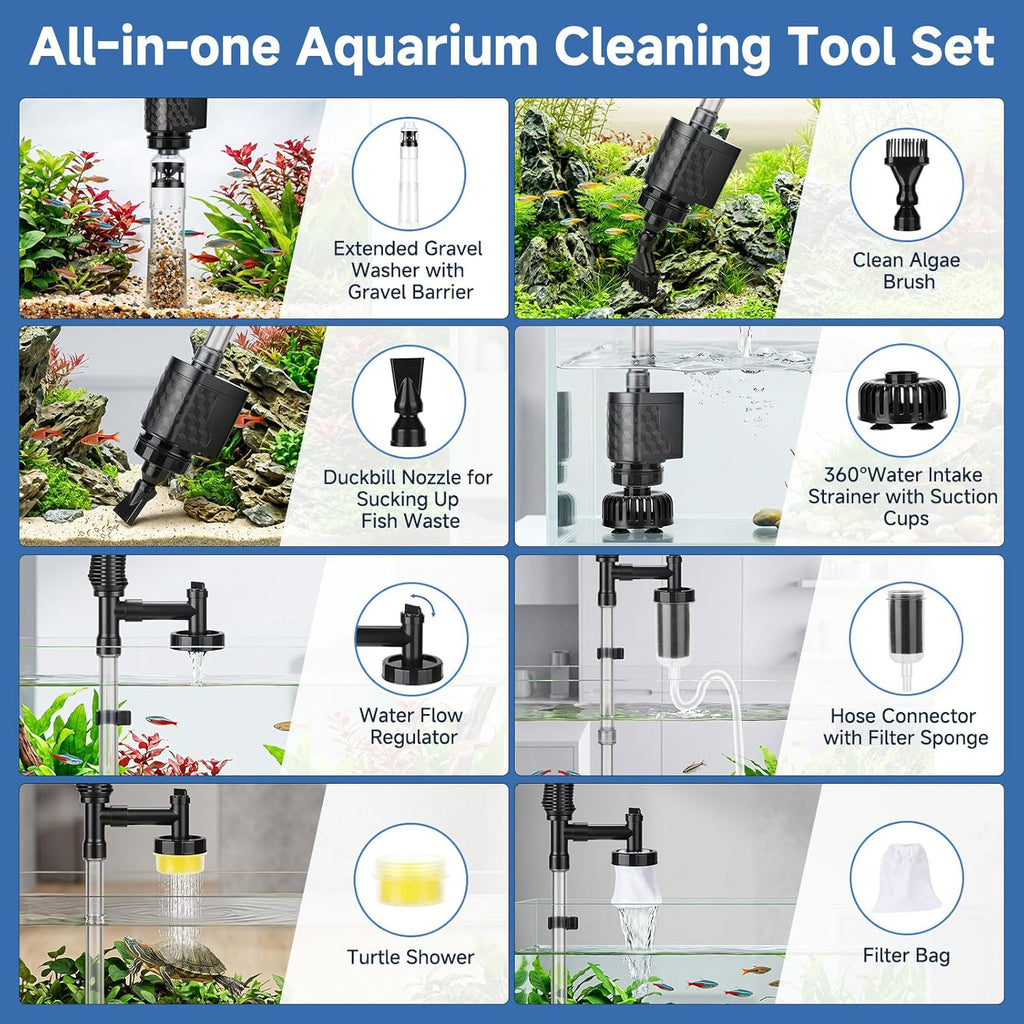 Aquarium Gravel Vacuum Cleaner, 8-in-1 Electric Fish Tank Cleaner with Automatic Water Change,320GPH Strong Suction