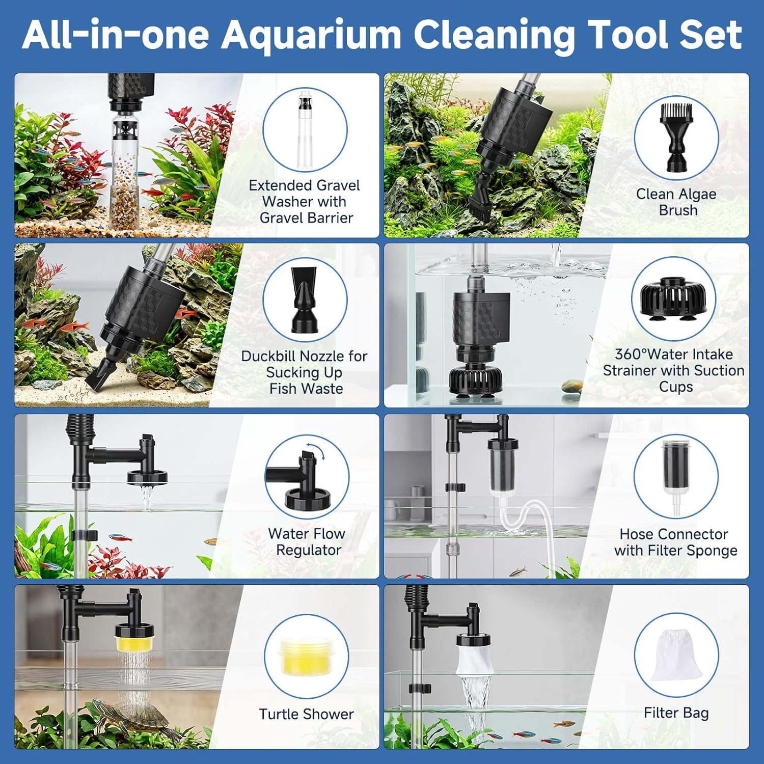 Aquarium Gravel Vacuum Cleaner, 8-in-1 Electric Fish Tank Cleaner with Automatic Water Change,320GPH Strong Suction