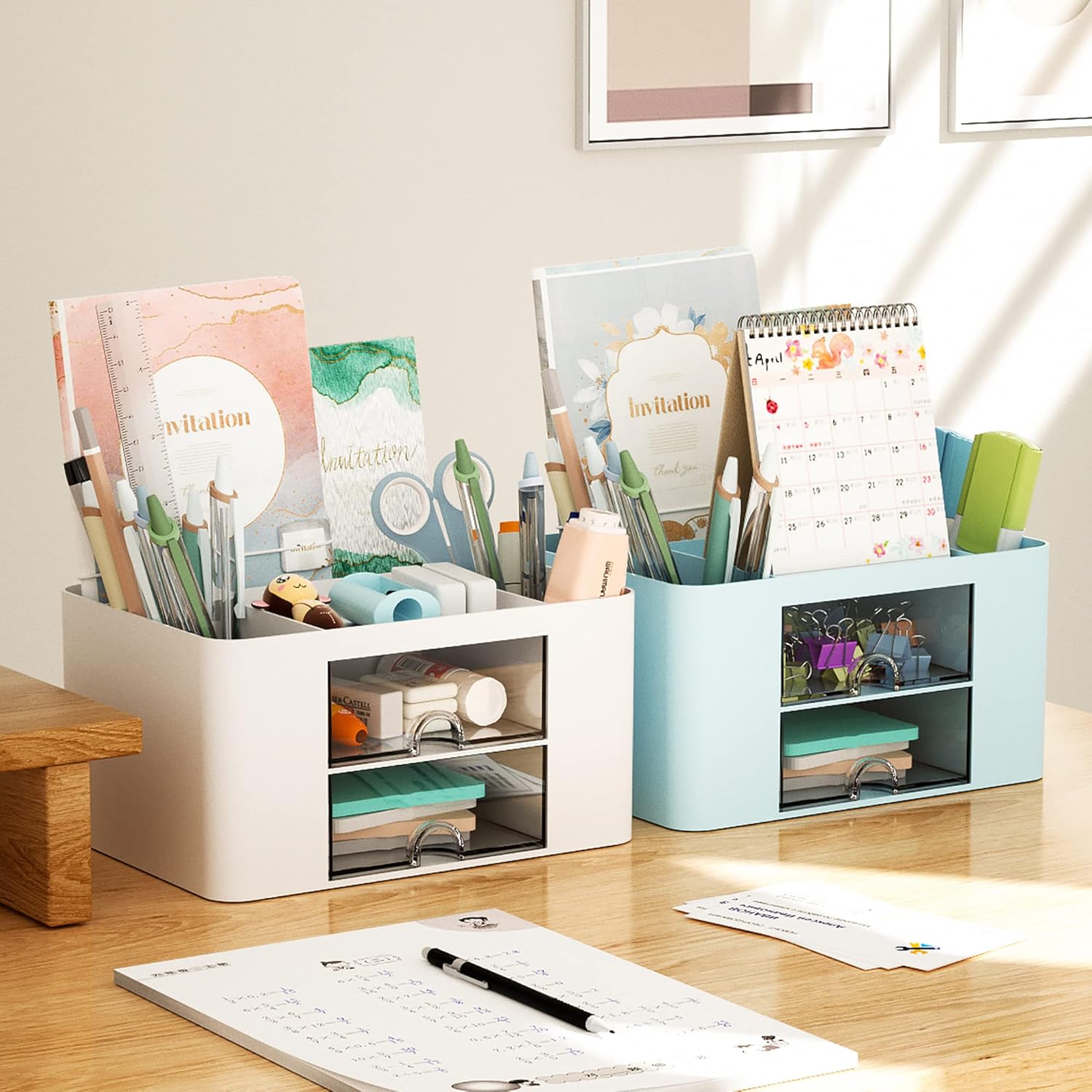 Pen Organizer with 2 Drawer, Multi-Functional Pencil Holder for Desk, Desk Organizers and Accessories with 5
