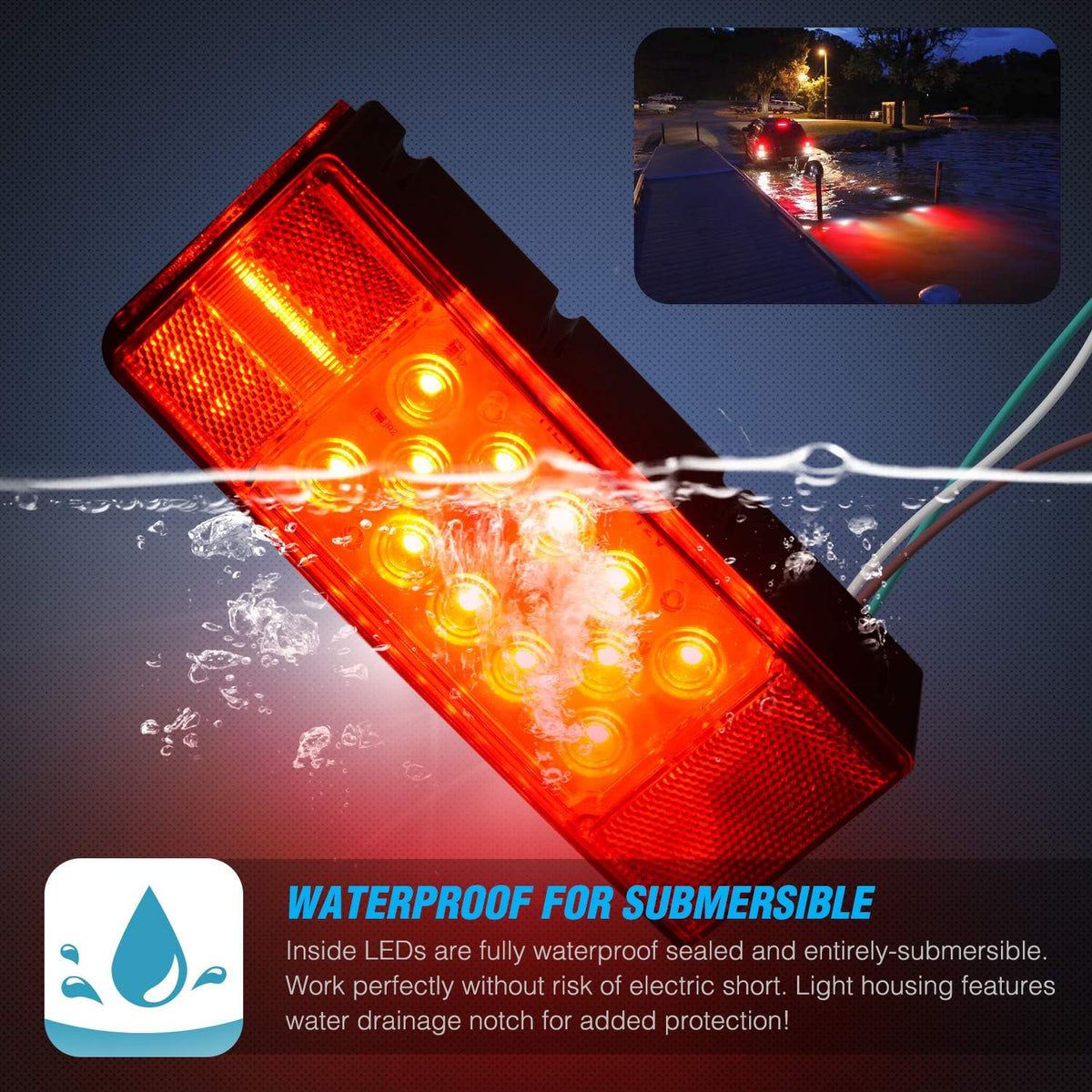 2PCS Rectangular Submersible LED Trailer Light Kit,IP68 Waterproof