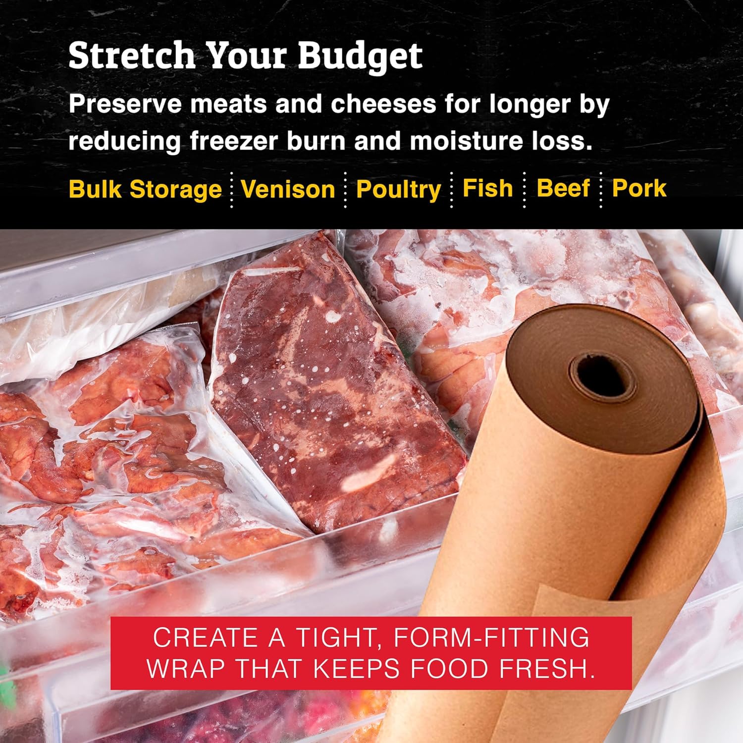 Natural Freezer Paper Dispenser Roll - Poly Coated Moisture Resistant Freezer Paper for Meat Wrapping - Freezer Burn