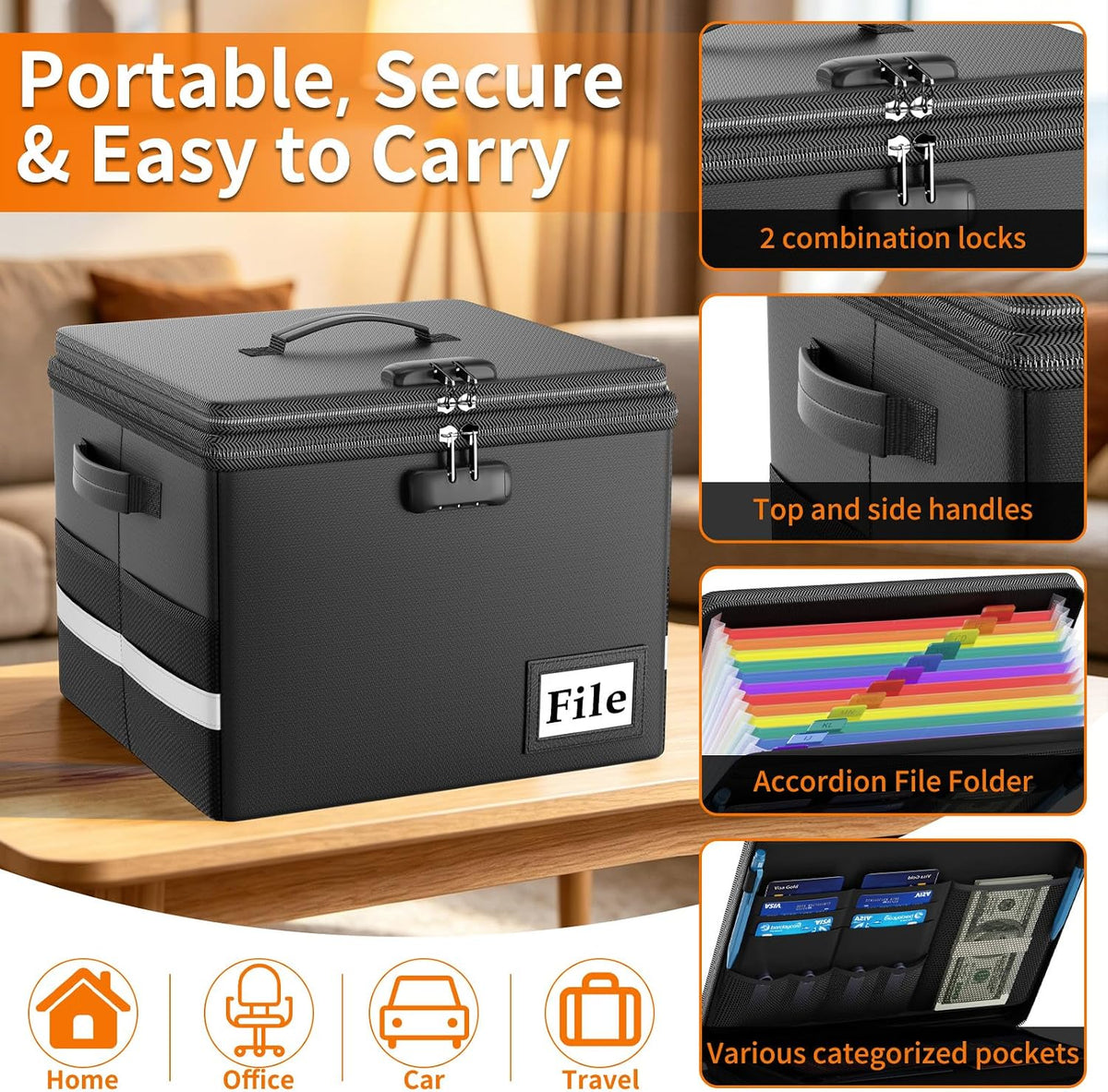 Fireproof Document Box with Locks and Accordion File Folder,Black