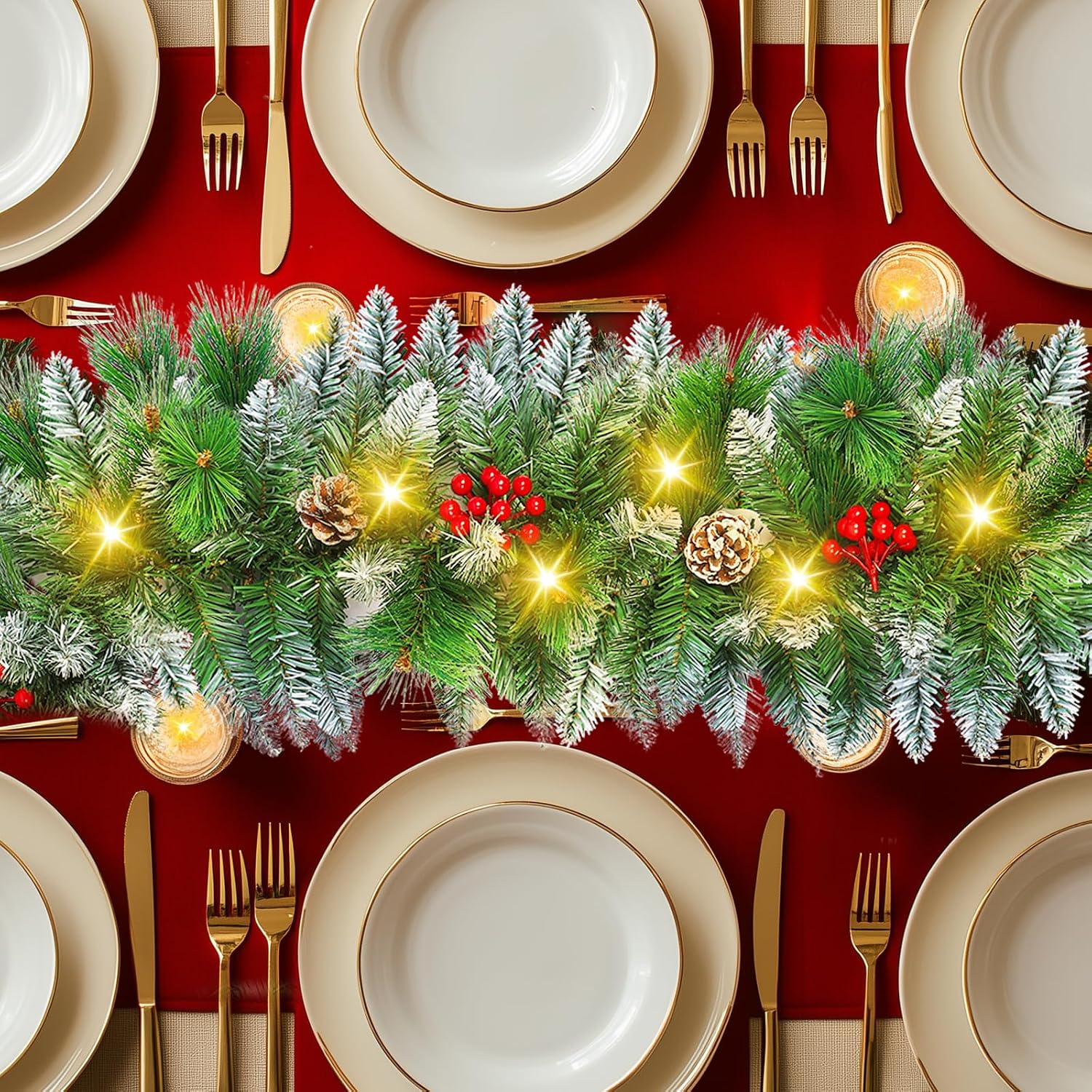 Christmas Garland with Lights - 9FT Pre-Lit Flocked Garland with 30 LED Bulbs, Red Berries, Pine Cones, Artificial