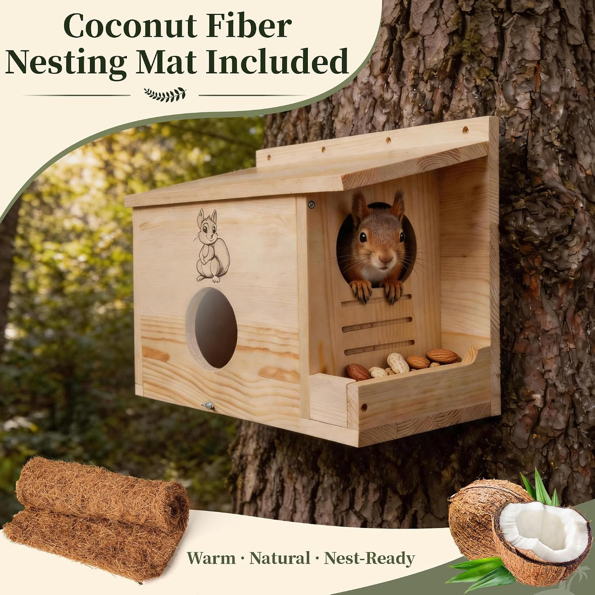 XL Squirrel House 16.5", Anti-Predator Nest Box with Feeder, Viewing Window