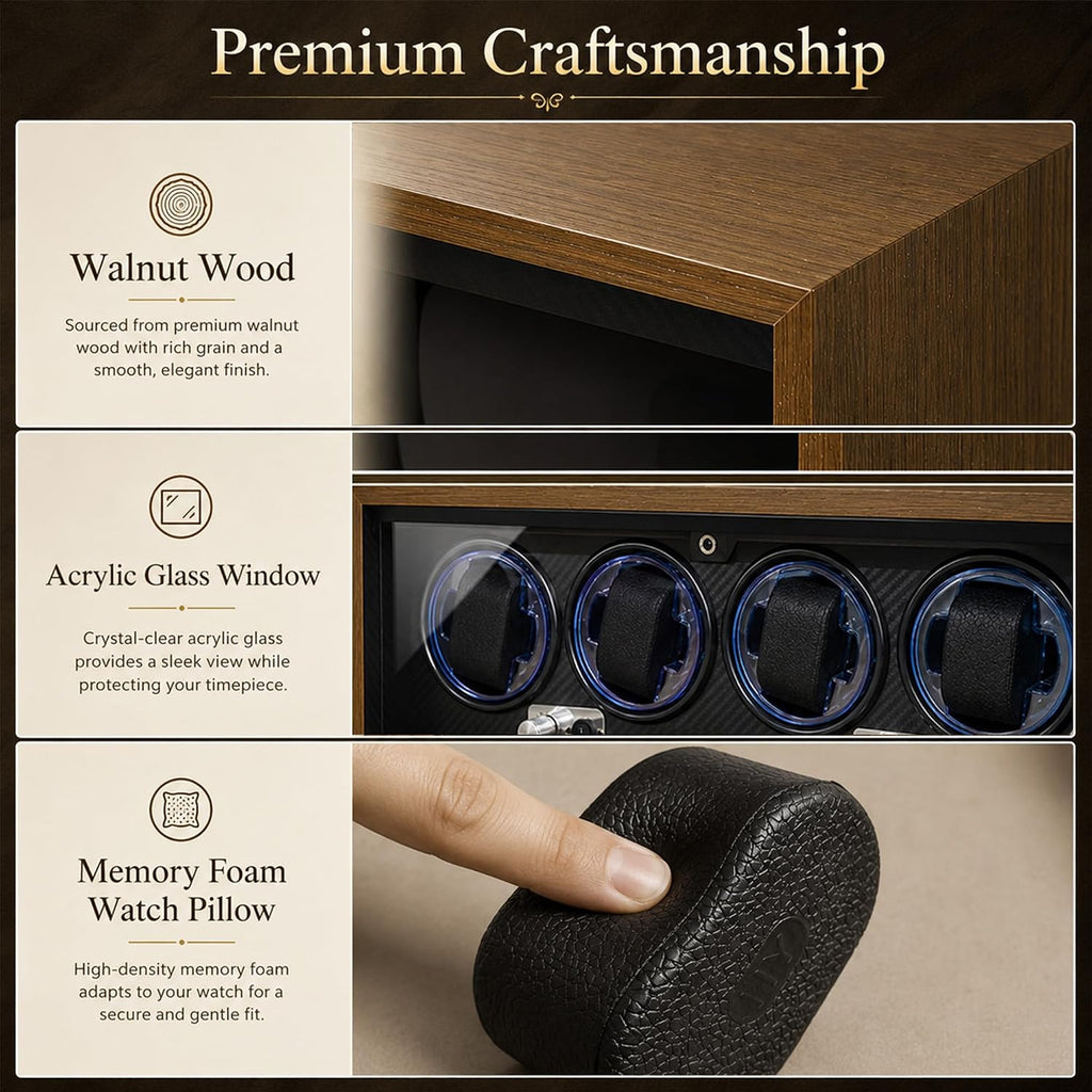 4 Slots Watch Winder for Automatic Watches, Walnut Winding Watch Box with Blue LED & Japanese Quiet Motor for Rolex