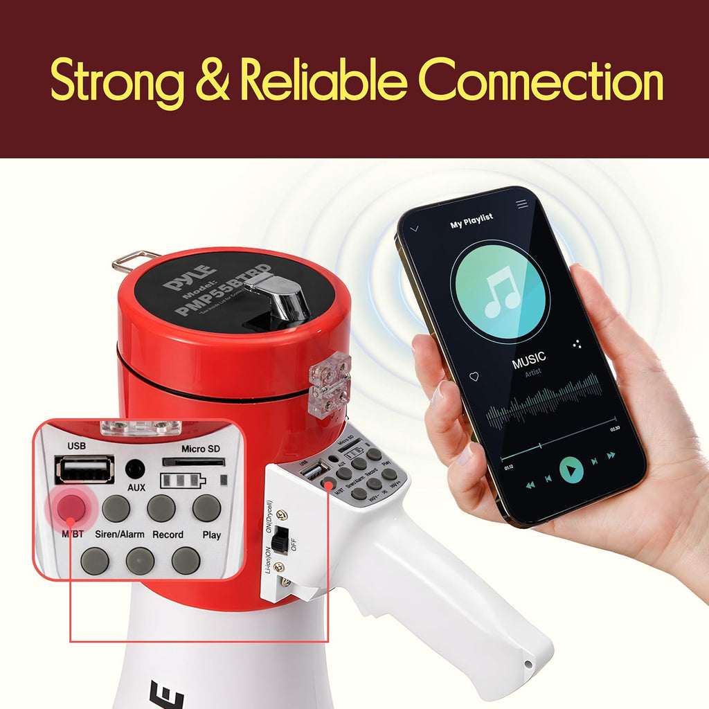 50W Megaphone PA Bullhorn Speaker with Built-in Siren, Adjustable Volume Control, USB/SD/AUX Inputs for Music