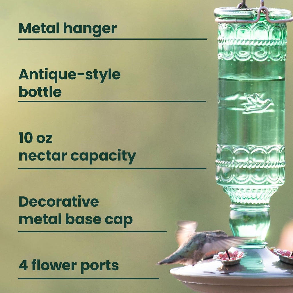 Antique Glass Bottle Hummingbird Feeder, 10 oz Capacity, Green